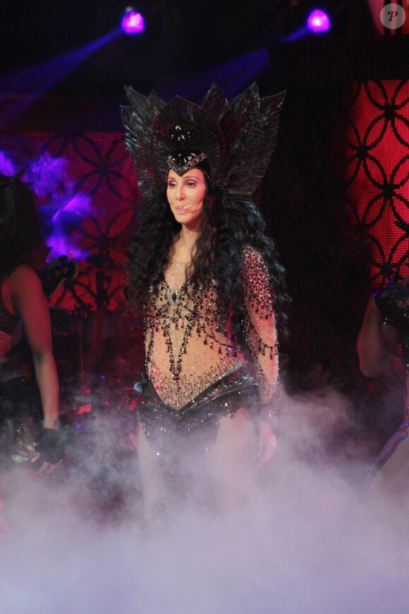 La chanteuse Cher (67 ans) en concert au TD Garden à Boston (Massachussetts), le 9 avril 2014.