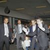 Nicolas Sarkozy avait le sourire au côté de sa petite fille Giulia en débarquant à l'aéroport LAX de Los Angeles le 25 avril 2014 où Carla Bruni se produira sur scène au Luckman Fine Arts Complex de LA le 26 avril