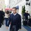 Nicolas Sarkozy quitte son hôtel de New York le 25 avril 2014, direction Los Angeles