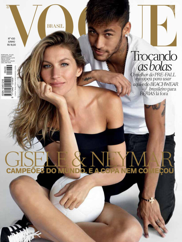 Gisele Bündchen et Neymar, prêts pour la Coupe du Monde de football 2014 avec Vogue Brasil. Numéro de juin 2014.