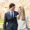 Photo des fiançailles du prince Amedeo de Belgique, fils de la princesse Astrid et du prince Lorenz, et de sa compagne Elisabetta Maria Rosboch von Wolkenstein, célébrées le 16 février 2014 à la résidence Schonenberg, à Bruxelles.