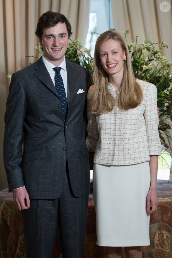 Photo du prince Amedeo de Belgique, fils de la princesse Astrid et du prince Lorenz, et de sa compagne Elisabetta Maria Rosboch von Wolkenstein, lors de leurs fiançailles célébrées le 16 février 2014 à la résidence Schonenberg, à Bruxelles.
