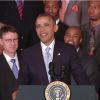 Barack Obama, lors de son discours hommage à l'université du Connecticut dont les deux équipes de basket, féminine et masculine, ont décroché le titre NCAA, le 9 juin 2014 à la Maison Blanche à Washington
