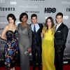 Margaret Qualley, Amanda Warren, Charlie Carver, Emily Meade et Max Carver lors de la présentation de la série HBO "The Leftovers" à New York le 23 juin 2014