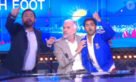 Cyril Hanouna, Jamel Debbouze et Michaël Youn s'incrustent sur le plateau d'i-Télé avec Pascal Praud le mercredi 25 juin (dans le cadre de Touche pas à mon poste).