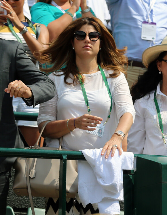Mirka Federer dans les tribunes de Wimbledon, le 26 juin 2014 lors du match de son homme Roger Federer lors du quatrième jour du tournoi londonien