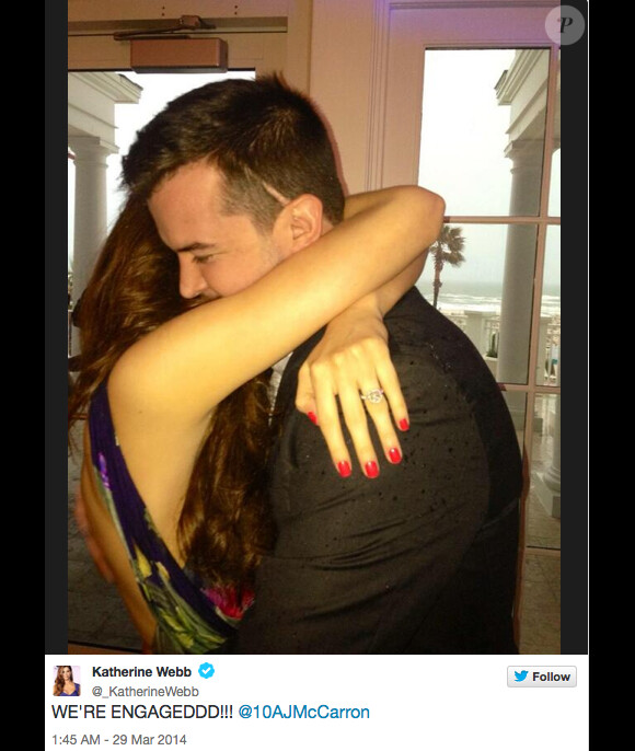 Katherine Webb avait annoncé sur Twitter, en mars 2014, ses fiançailles avec AJ McCarron. Katherine Webb, Miss Alabama 2012, et AJ McCarron, nouveau quarterback des Cincinnati Bengals, se sont mariés le 12 juillet 2014 à Orange Beach.