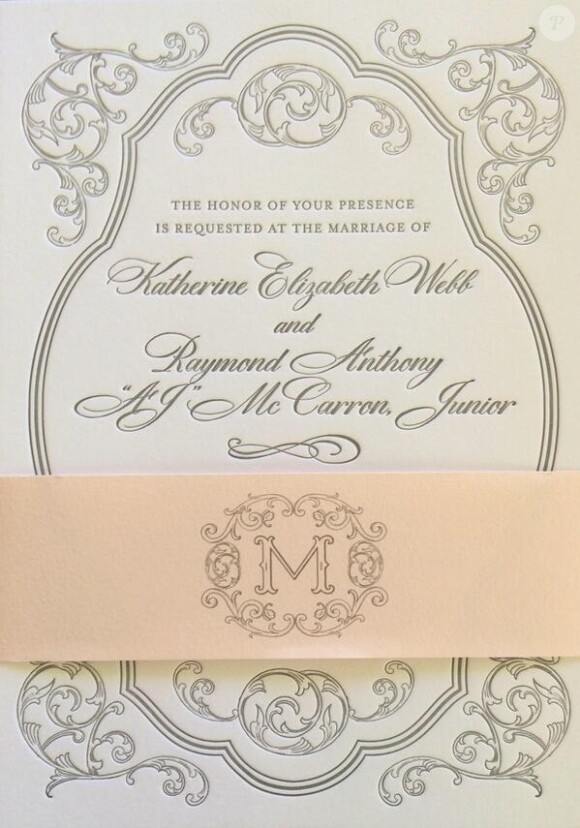 Le faire-part de mariage. Katherine Webb, Miss Alabama 2012, et AJ McCarron, nouveau quarterback des Cincinnati Bengals, se sont mariés le 12 juillet 2014 à Orange Beach.