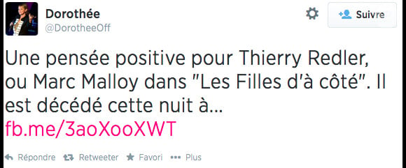 Tweet de Dorothée au sujet de la mort de Thierry Redler.