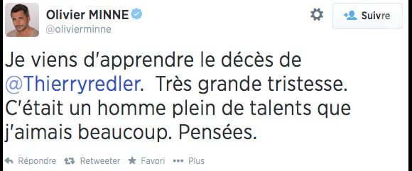Tweet d'Olivier Minne au sujet de la mort de Thierry Redler.