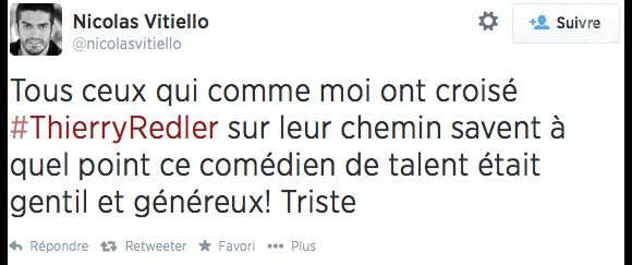 Tweet de Nicolas Vitiello au sujet de la mort de Thierry Redler.