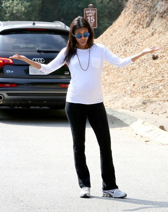 Exclusif - Zoe Saldana montre qu'elle est manifestement enceinte et promène son chien à Beverly Hills le 7 août 2014.