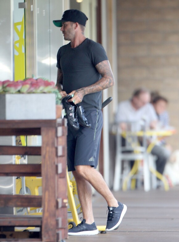 Exclusif - David Beckham arrive au centre Soul Cycle pour sa séance de sport matinale. Brentwood, Los Angeles, le 14 août 2014.