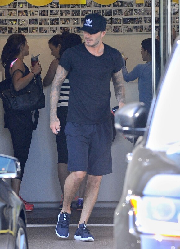 Sortie discrète du Soul Cycle pour David Beckham, sportif et matinal. Brentwood, Los Angeles, le 14 août 2014.