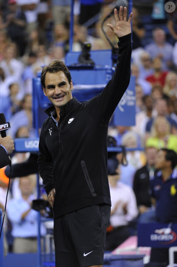 Roger Federer après sa victoire au premier tour de l'US Open sur Marinko Matosevic à l'USTA Billie Jean King National Tennis Center de New York, le 26 août 2014