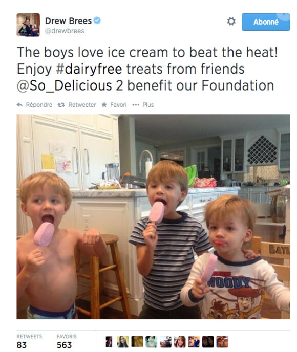 Les fils de Drew Brees aiment la glace. Drew Brees, quarterback star des Saints de La Nouvelle-Orléans en NFL, et sa femme Brittany ont accueilli le 25 août 2014 leur quatrième enfant, une petite fille.