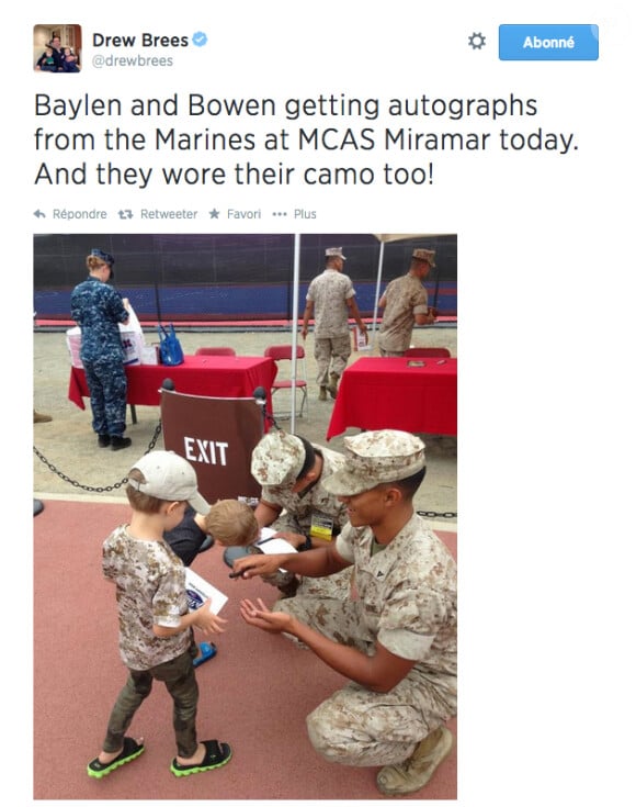 Baylen et Bowen, deux des fils de Drew Brees, en visite aux Marines au printemps 2014. Drew Brees, quarterback star des Saints de La Nouvelle-Orléans en NFL, et sa femme Brittany ont accueilli le 25 août 2014 leur quatrième enfant, une petite fille.