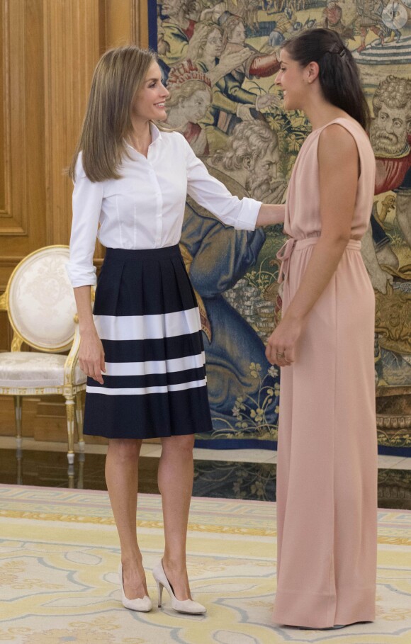 La reine Letizia d'Espagne lors d'audiences à la Zarzuela, à Madrid, le 11 septembre 2014