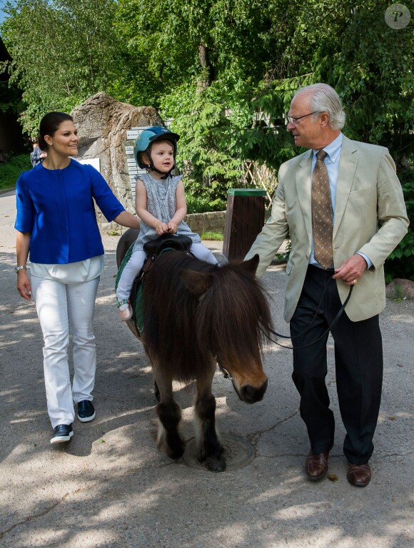 La princesse héritière Victoria, la princesse Estelle, en selle, et le roi Carl XVI Gustaf de Suède sont allés ensemble à Skansen, le musée en plein air et zoo de Stockholm, le 11 juillet 2014. Trois générations de souverains réunis dans la bonne humeur.