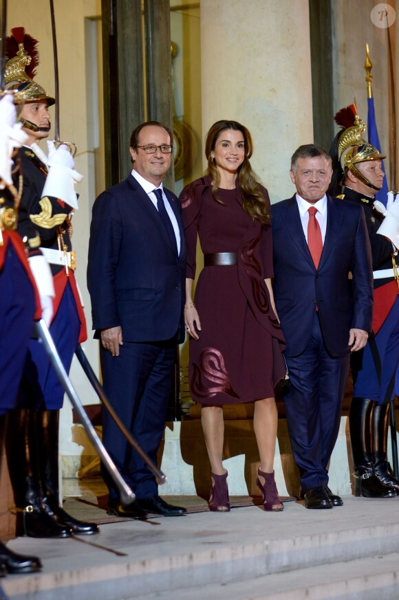 Rania et Abdullah II de Jordanie étaient accueillis le 17 septembre 2014 à l'Elysée par le président François Hollande pour un dîner de travail.
