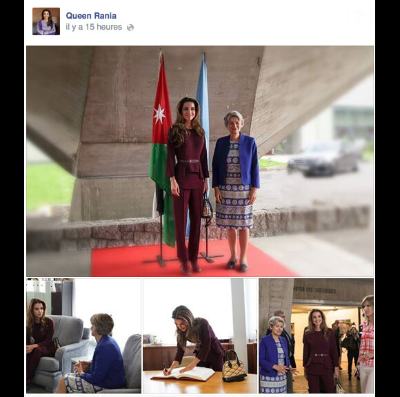 La reine Rania de Jordanie en visite à l'UNESCO à Paris le 17 septembre 2014. Photo publiée par Rania sur sa page Facebook.