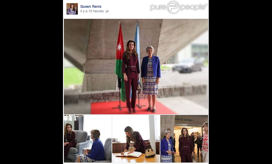 La reine Rania de Jordanie en visite à l&#039;UNESCO à Paris le 17 septembre 2014. Photo publiée par Rania sur sa page Facebook.