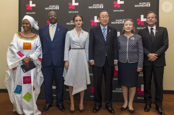 Phumzile Mlambo-Ngcuka, Sam Kutesa, Emma Watson, Ban Ki-moon avec sa femme et Kiefer Sutherland à l'ONU le 20 septembre 2014.