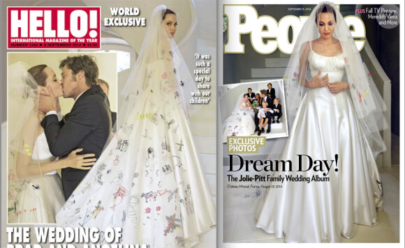 Les photos du mariage d'Angelina Jolie et Brad Pitt en couverture des magazines Hello! et People.