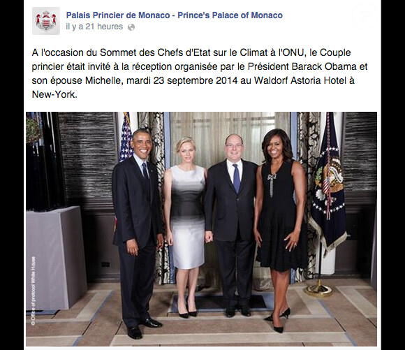 La princesse Charlene de Monaco, enceinte, et le prince Albert II de Monaco étaient mardi 23 septembre 2014 les invités de Barack et Michelle Obama lors d'une réception au Waldorf Astoria à New York en marge du Sommet des chefs d'Etat sur le climat à l'ONU. Image : Facebook du palais princier.