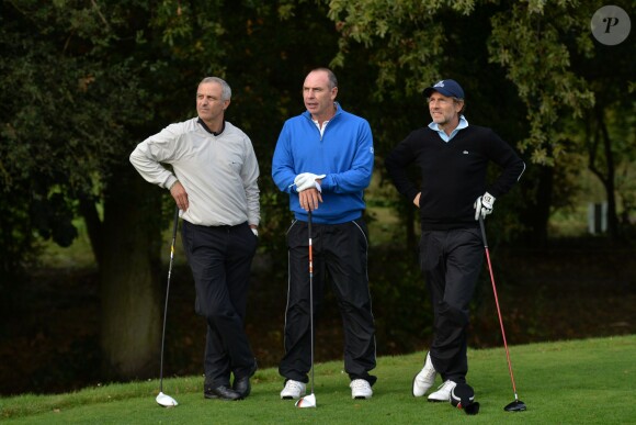 Alain Roche, Stéphane Freiss et Alain Boghossian lors de la 1ère édition du Tee Break gourmand au golf d'Etiolles dans l'Essonne le 7 octobre 2014