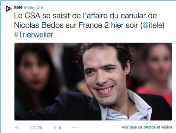 i>TÉLÉ annonce sur Twitter que le CSA se saisit de l'affaire du canular de Nicolas Bedos sur France 2, le 9 octobre 2014