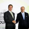 Arnold Schwarzenegger et Laurent Fabius lors du "Sommet des régions pour le climat" au Palais d'Iéna à Paris le 11 octobre 2014