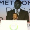 Arnold Schwarzenegger prononce son dicours à l'occasion du "Sommet des régions pour le climat, au Palais d'Iéna à Paris le 11 octobre 2014