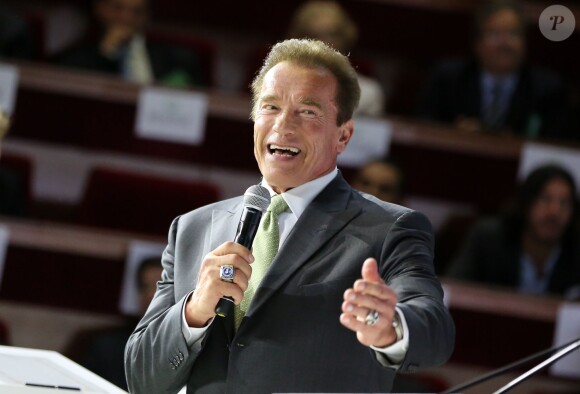 Arnold Schwarzenegger lors de son discours à l'occasion du premier "Sommet des Régions pour le climat" à Paris, le 11 octobre 2014