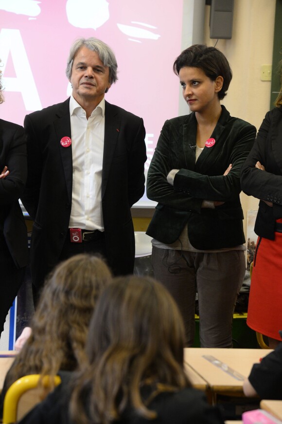 Guy Alba, President-Fondateur de l'association ELA, Najat Vallaud Belkacem - Lecture de la dictée ELA par la ministre de l’Education nationale, de l’Enseignement supérieur et de la Recherche, Najat Vallaud-Belkacem à l’école Ampère à Paris le 13 octobre 2014.