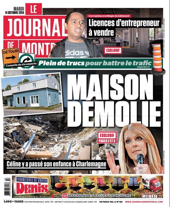 La maison de Céline Dion, à Charlemagne au Québec, fait la couverture du Journal de Montréal, le 14 octobre 2014