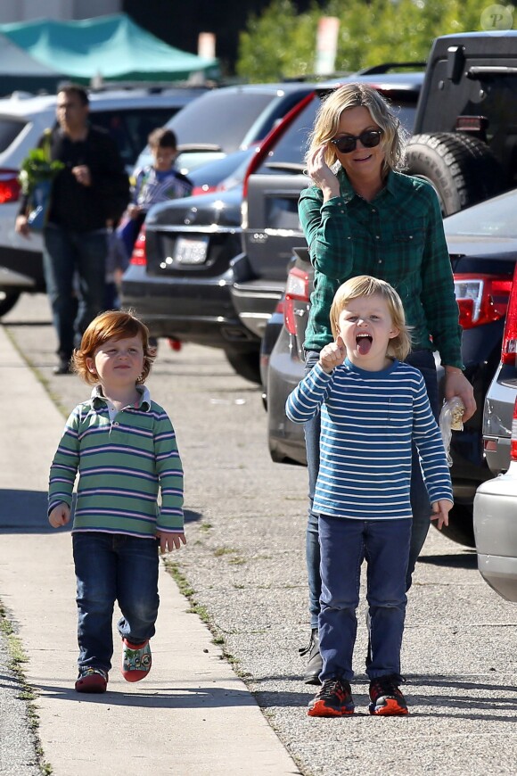 Amy Poehler avec ses fils Archie et Abel au Beverly Hills Farmers Market de Los Angeles, le 24 novembre 2013