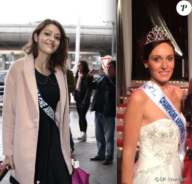Julie Campolo, lors de son élection à Saint-Dizier le 10 octobre 2014, aux côtés de Flora Coquerel (copyright Twitter/Miss France). Elle vient d'être destituée au profit de Melissa Cervoni ici à l'aéroport avec les autres miss, le 14 novembre 2014 (copyright Bestimage)