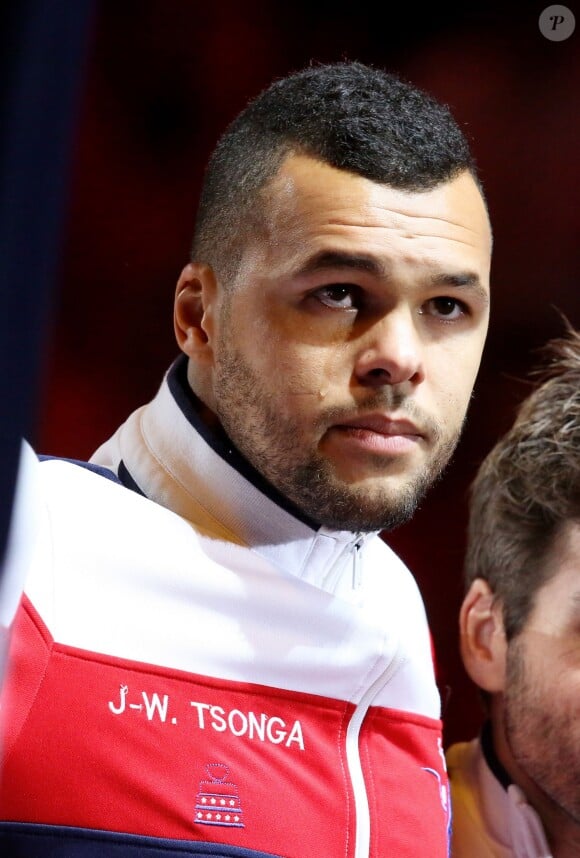 Les larmes de Jo-Wilfried Tsonga - Finale de la Coupe Davis au Stade Pierre Mauroy de Lille Métropole. Match en double remporté par la Suisse face à la France le 22 novembre 2014 