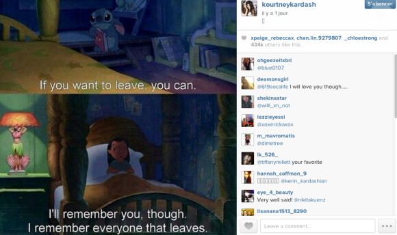 Kourtney Kardashian a posté une série de messages mystérieux sur Instagram. L'aînée des soeurs Kardashian est-elle séparée de Scott Disick ?
"Si tu souhaites partir, tu le peux. Je me souviendrai de toi. Je me souviens toujours de ceux qui partent". 