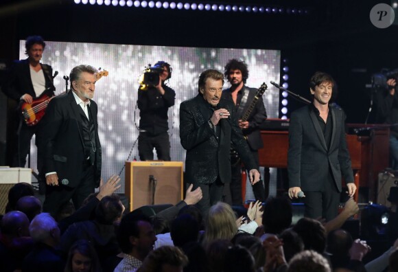 Exclusif - Eddy Mitchell, Johnny Hallyday, Thomas Dutronc et Yarol Poupaud - Backstage de l'enregistrement de l'émission spéciale "Johnny, la soirée événement", qui sera diffusée sur TF1 en prime time le 20 décembre 2014.