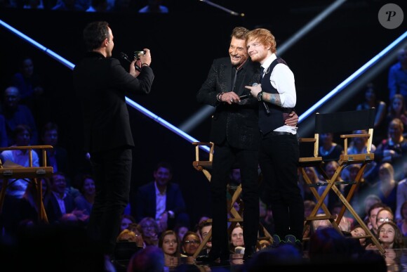 Exclusif - Nikos Aliagas, Johnny Hallyday et Ed Sheeran - Enregistrement de l'émission spéciale "Johnny, la soirée événement", qui sera diffusée sur TF1 en prime time le 20 décembre 2014.