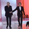 Patrick Chesnais et Michel Drucker avec sa chienne Isia lors de l'enregistrement de l'émission "Vivement Dimanche" à Paris le 14 janvier 2015. L'émission sera diffusée le 18 janvier