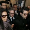 Francoise Bettencourt-Meyers et ses fils, Jean-Victor et Nicolas Meyers, avec leur avocat maître Arnaud Dupin - Deuxième jour du procès Bettencourt au tribunal de Bordeaux, le 26 janvier 2015.