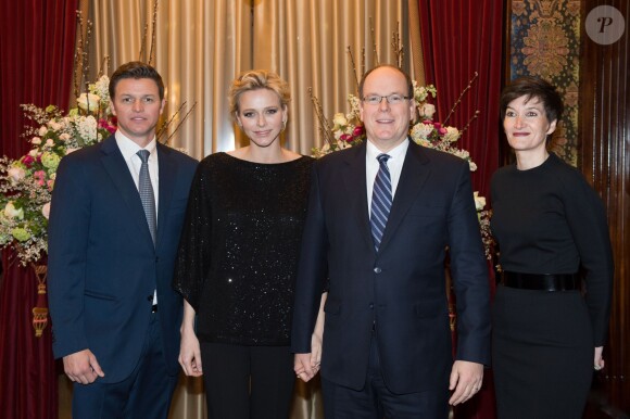Exclusif - La princesse Charlene de Monaco, en présence de son époux le prince Albert II de Monaco et de son frère Gareth Wittstock, annonçait le 19 février 2015 le South Africa - Monaco Rugby Exchange, né d'un partenariat avec la SARLA (South Africa Rugby Legends Association), lors d'un cocktail organisé par sa Fondation au Casino de Monte-Carlo.