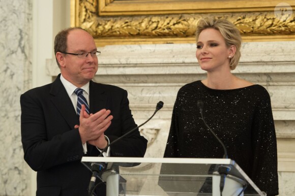 Exclusif - La princesse Charlene de Monaco, en présence de son époux le prince Albert II de Monaco et de son frère Gareth Wittstock, annonçait le 19 février 2015 le South Africa - Monaco Rugby Exchange, né d'un partenariat avec la SARLA (South Africa Rugby Legends Association), lors d'un cocktail organisé par sa Fondation au Casino de Monte-Carlo.