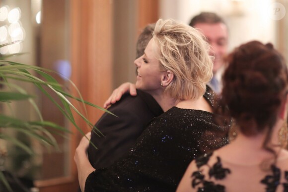 Exclusif - La princesse Charlene de Monaco, en présence de son époux le prince Albert II de Monaco et de son frère Gareth Wittstock, annonçait le 19 février 2015 le South Africa - Monaco Rugby Exchange, né d'un partenariat avec la SARLA (South Africa Rugby Legends Association), lors d'un cocktail organisé par sa Fondation au Casino de Monte-Carlo.