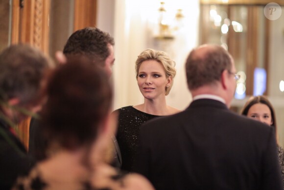 Exclusif - La princesse Charlene de Monaco, en présence de son époux le prince Albert II de Monaco et de son frère Gareth Wittstock, annonçait le 19 février 2015 le South Africa - Monaco Rugby Exchange, né d'un partenariat avec la SARLA (South Africa Rugby Legends Association), lors d'un cocktail organisé par sa Fondation au Casino de Monte-Carlo.
