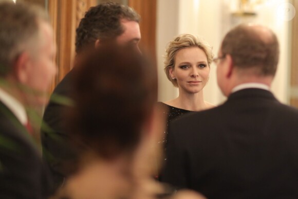 Exclusif - La princesse Charlene de Monaco, en présence de son époux le prince Albert II de Monaco et de son frère Gareth Wittstock, annonçait le 19 février 2015 le South Africa - Monaco Rugby Exchange, né d'un partenariat avec la SARLA (South Africa Rugby Legends Association), lors d'un cocktail organisé par sa Fondation au Casino de Monte-Carlo.