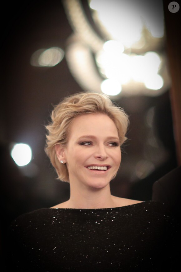 Exclusif - La princesse Charlene de Monaco, en présence de son époux le prince Albert II de Monaco et de son frère Gareth Wittstock, annonçait le 19 février 2015 le South Africa - Monaco Rugby Exchange, né d'un partenariat avec la SARLA (South Africa Rugby Legends Association), lors d'un cocktail organisé par sa Fondation au Casino de Monte-Carlo.